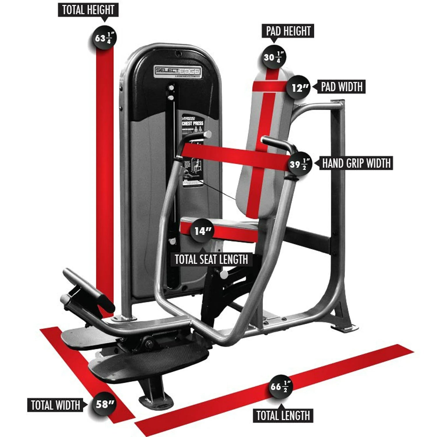 Gym machine with labeled dimensions on a white background