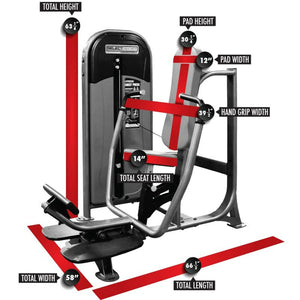 Gym machine with labeled dimensions on a white background