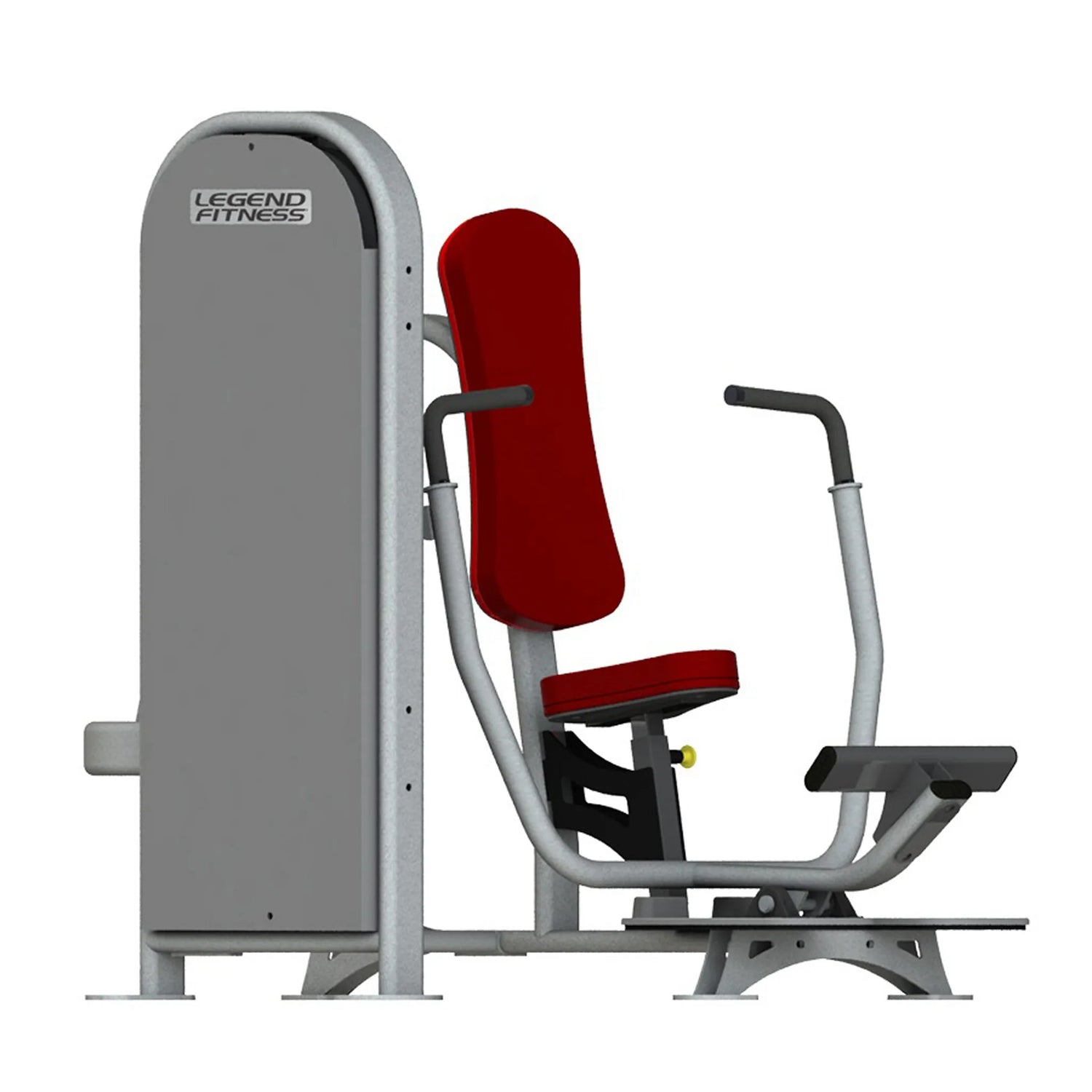A fitness machine with a gray frame and red pads on a white background