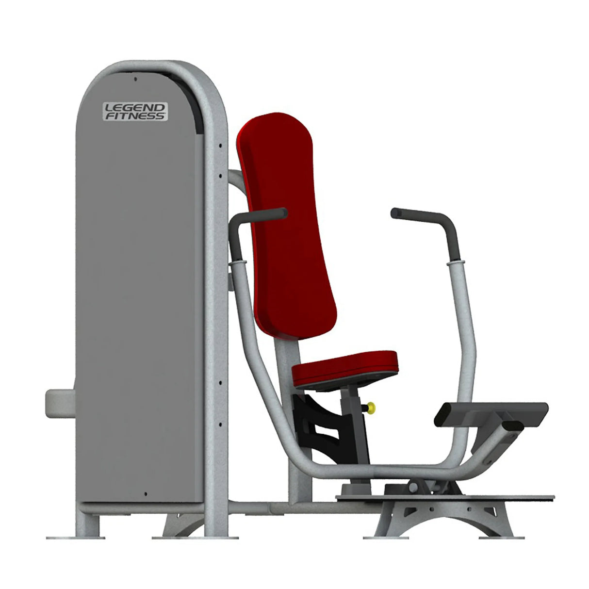 A fitness machine with a gray frame and red pads on a white background