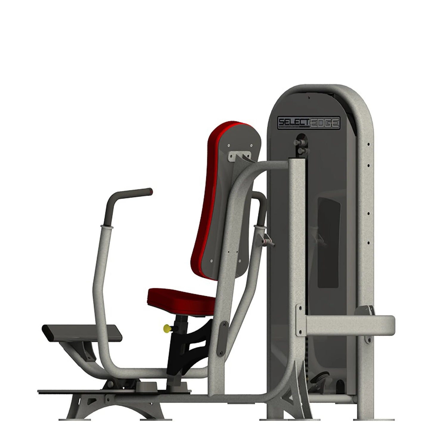 A fitness machine with a gray frame and red pads on a white background