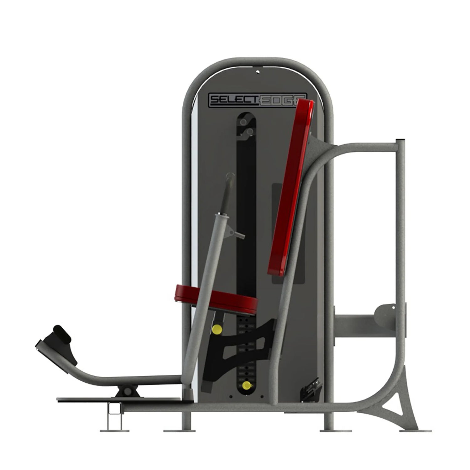 A fitness machine with a gray frame and red pads on a white background