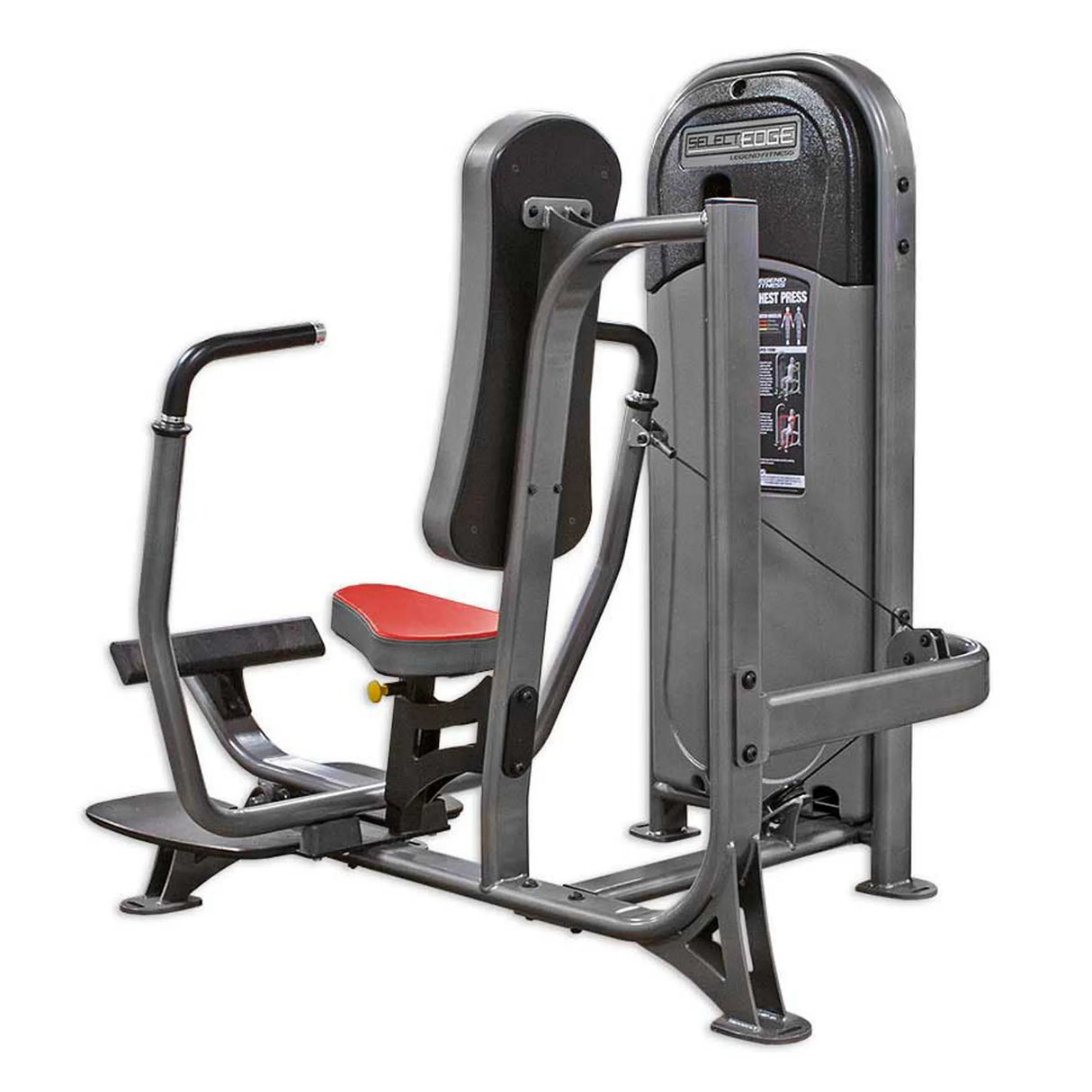 Gray fitness machine with red seat on a white background