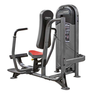 Gray fitness machine with red seat on a white background