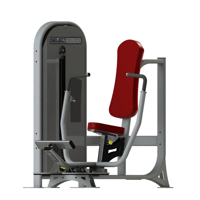 A fitness machine with a gray frame and red pads on a white background