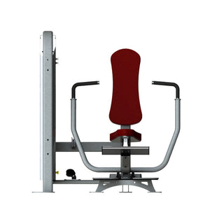 A fitness machine with a gray frame and red pads on a white background