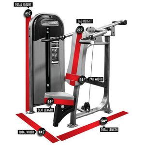 Gym machine with labeled dimensions on a white background
