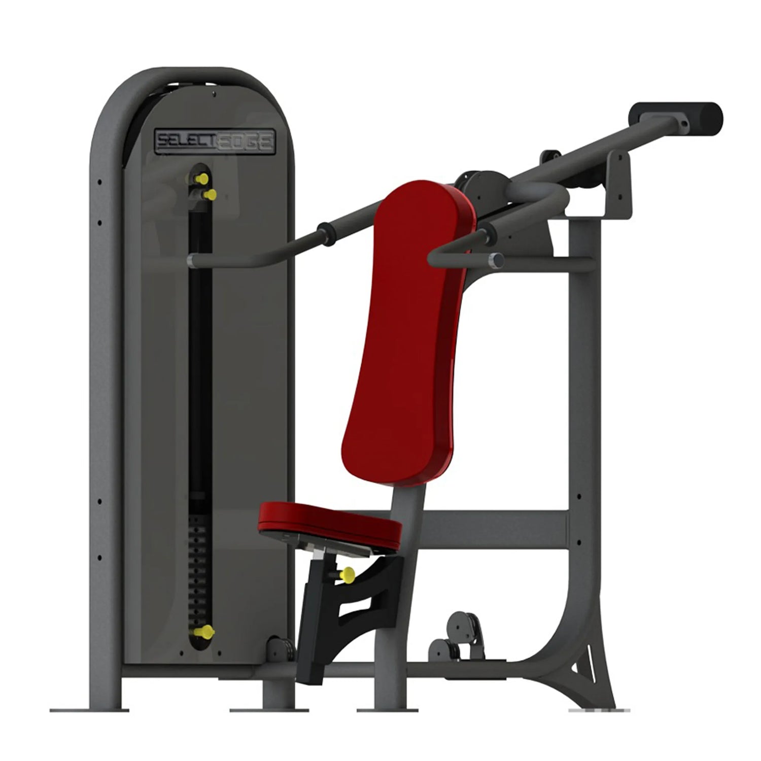 A fitness machine with a gray frame and red pads on a white background