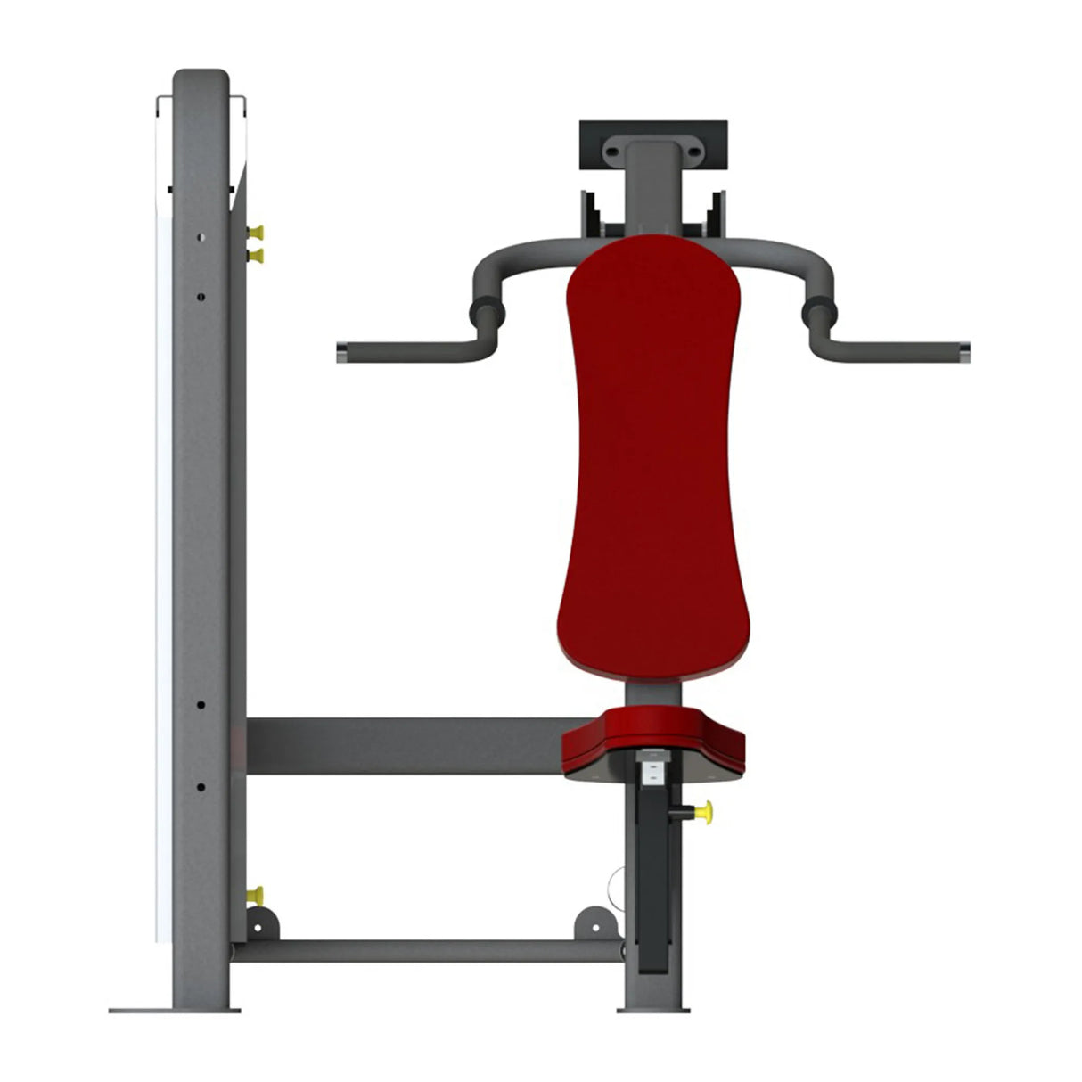 A fitness machine with a gray frame and red pads on a white background