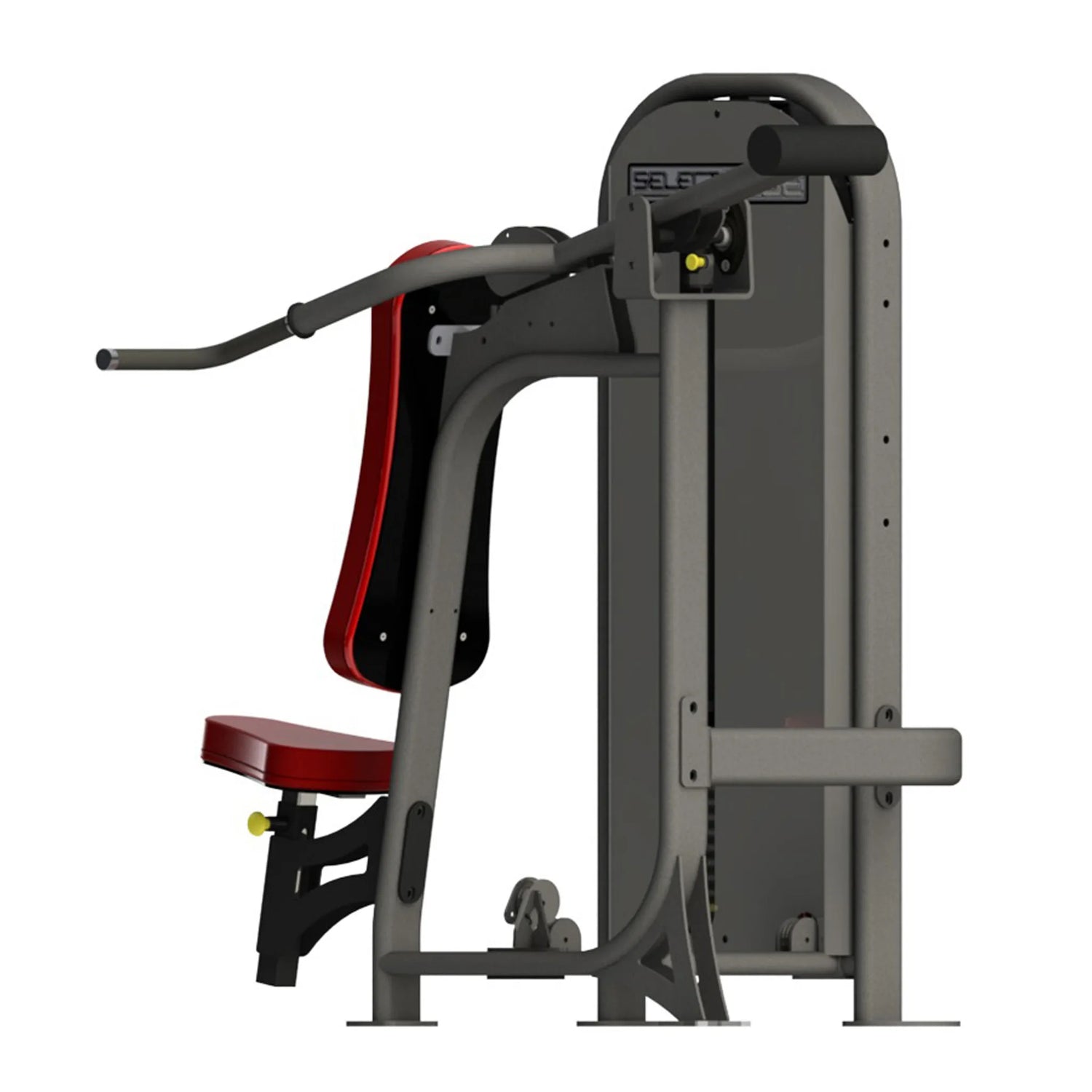 A fitness machine with a gray frame and red pads on a white background