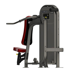 A fitness machine with a gray frame and red pads on a white background