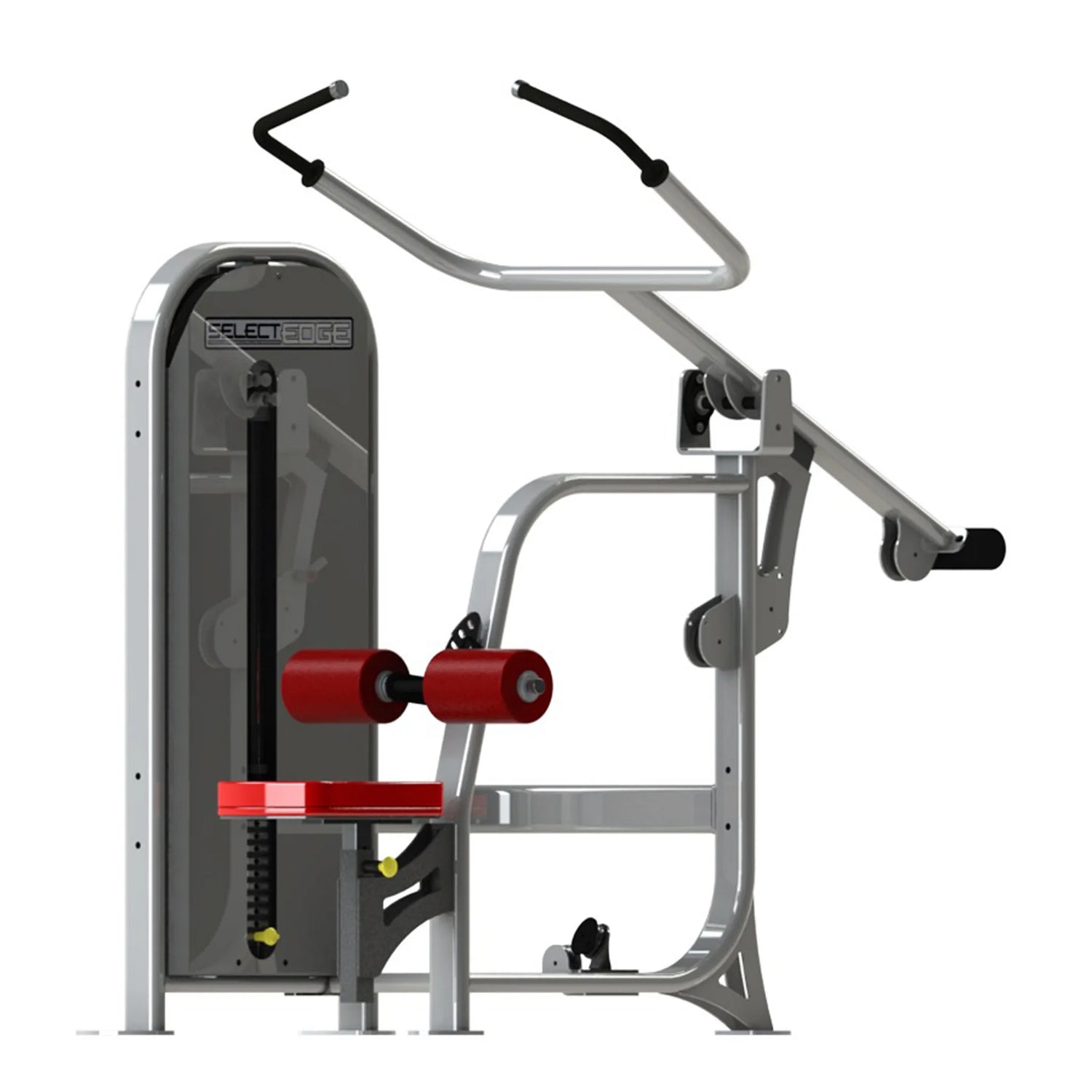 A fitness machine with a gray frame and red pads on a white background