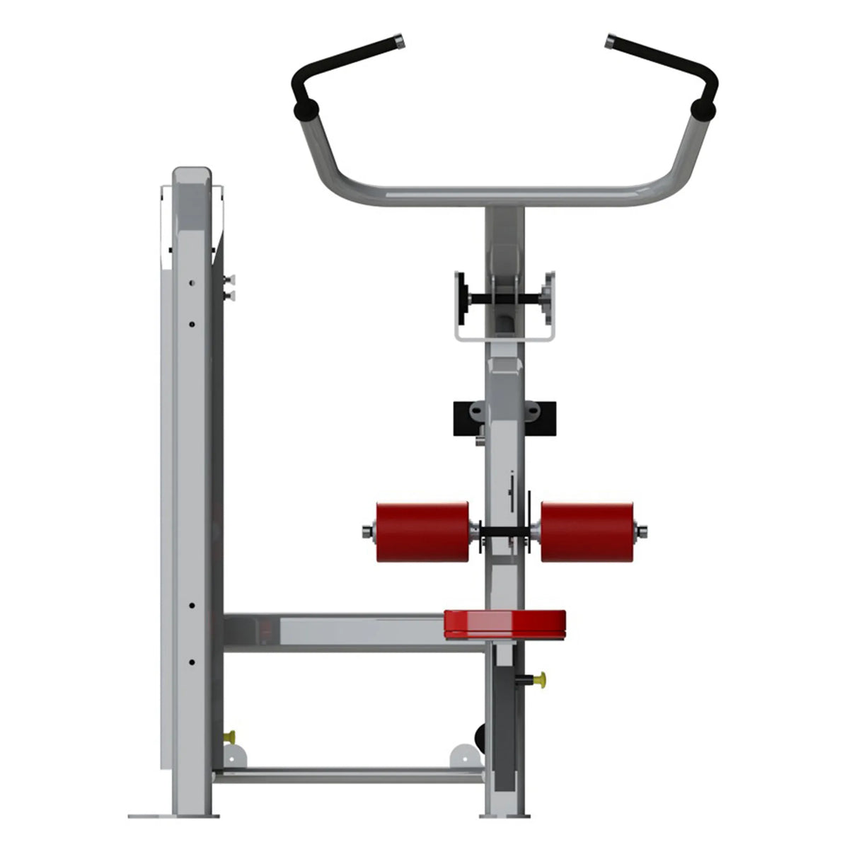 A fitness machine with a gray frame and red pads on a white background