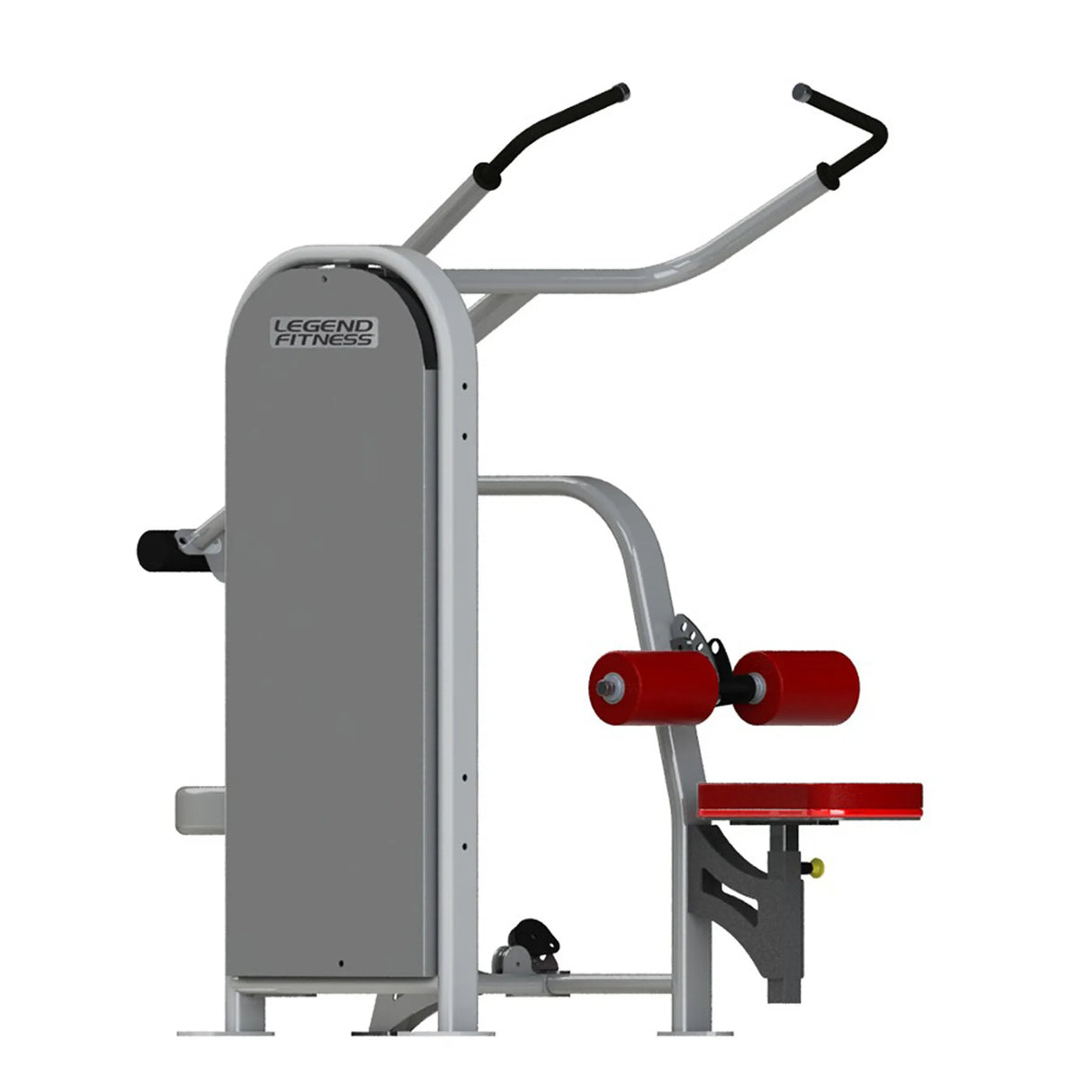A fitness machine with a gray frame and red pads on a white background