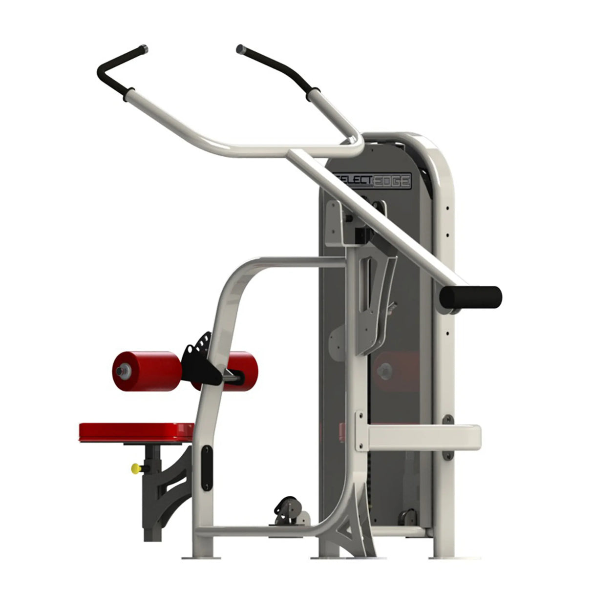 A fitness machine with a gray frame and red pads on a white background