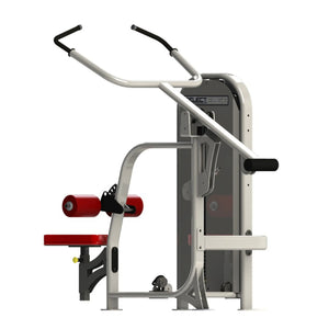 A fitness machine with a gray frame and red pads on a white background
