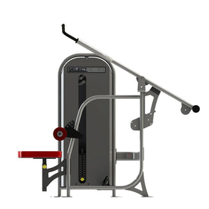 A fitness machine with a gray frame and red pads on a white background
