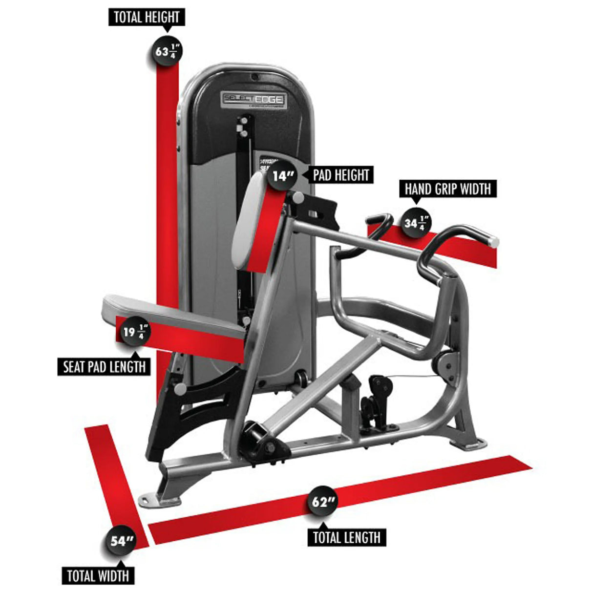 Gym machine with labeled dimensions on a white background
