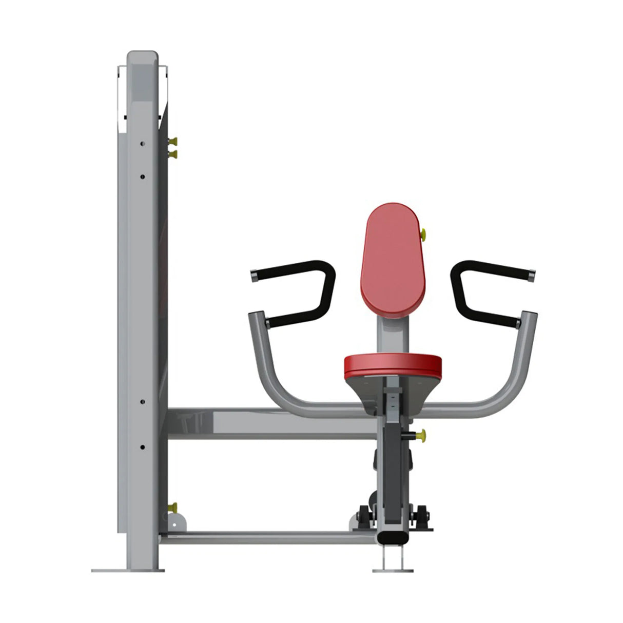 A fitness machine with a gray frame and red pads on a white background