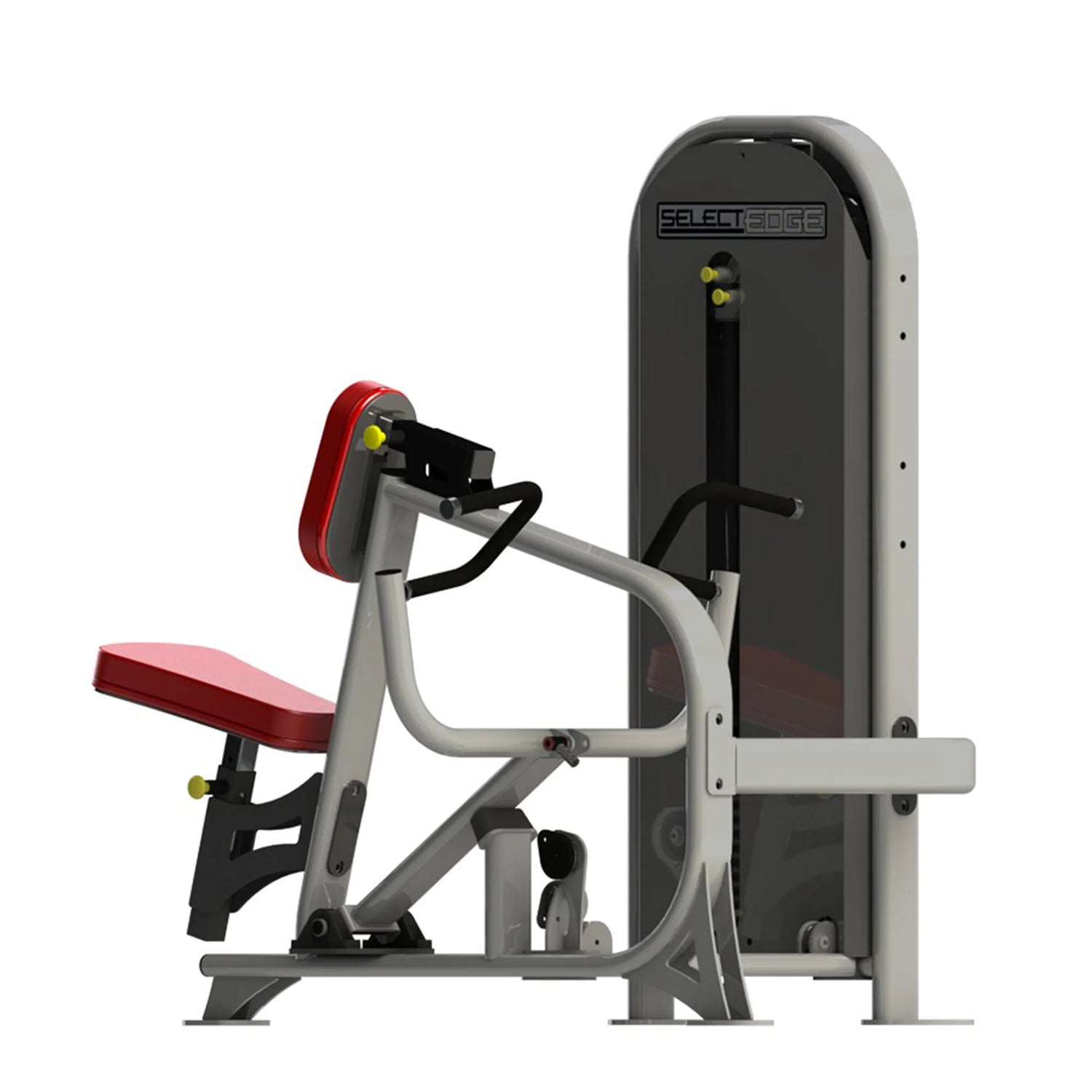 A fitness machine with a gray frame and red pads on a white background