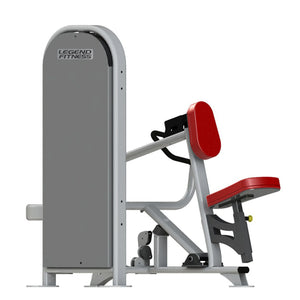 A fitness machine with a gray frame and red pads on a white background