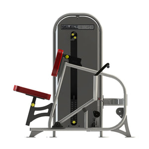 A fitness machine with a gray frame and red pads on a white background