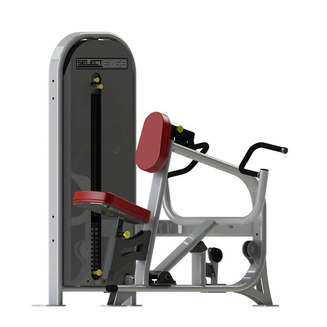 A fitness machine with a gray frame and red pads on a white background