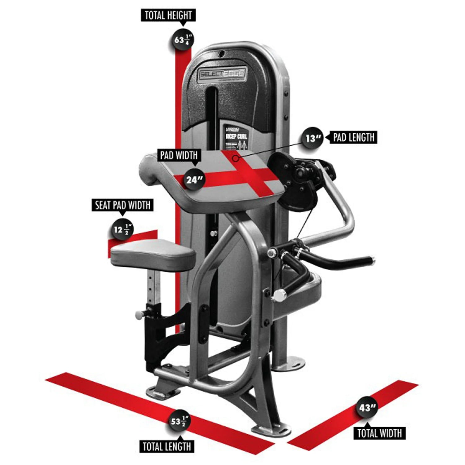 Gym machine with labeled dimensions on a white background