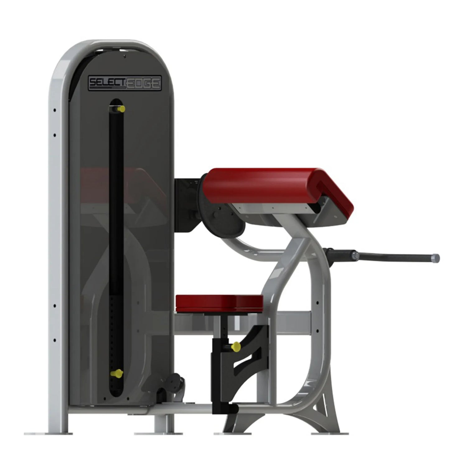 A fitness machine with a gray frame and red pads on a white background