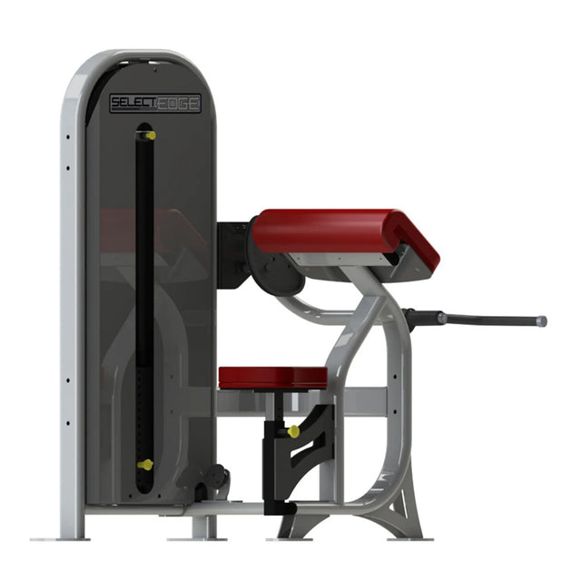A fitness machine with a gray frame and red pads on a white background