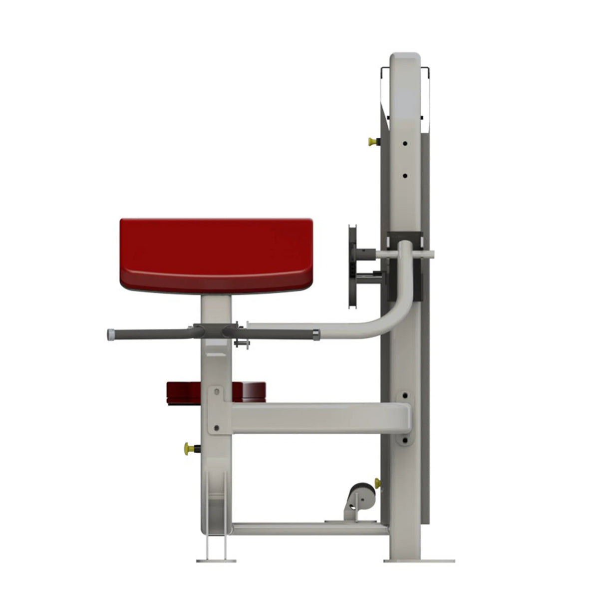 A fitness machine with a gray frame and red pads on a white background