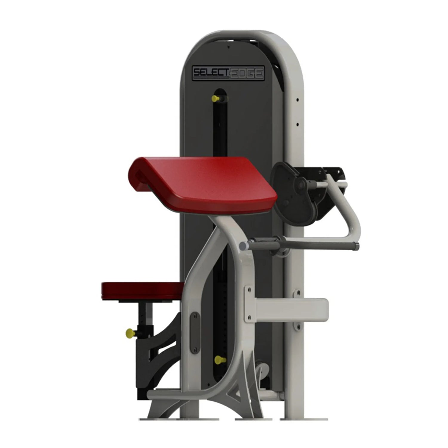 A fitness machine with a gray frame and red pads on a white background