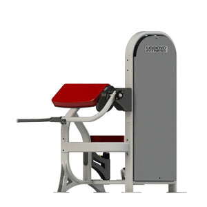 A fitness machine with a gray frame and red pads on a white background