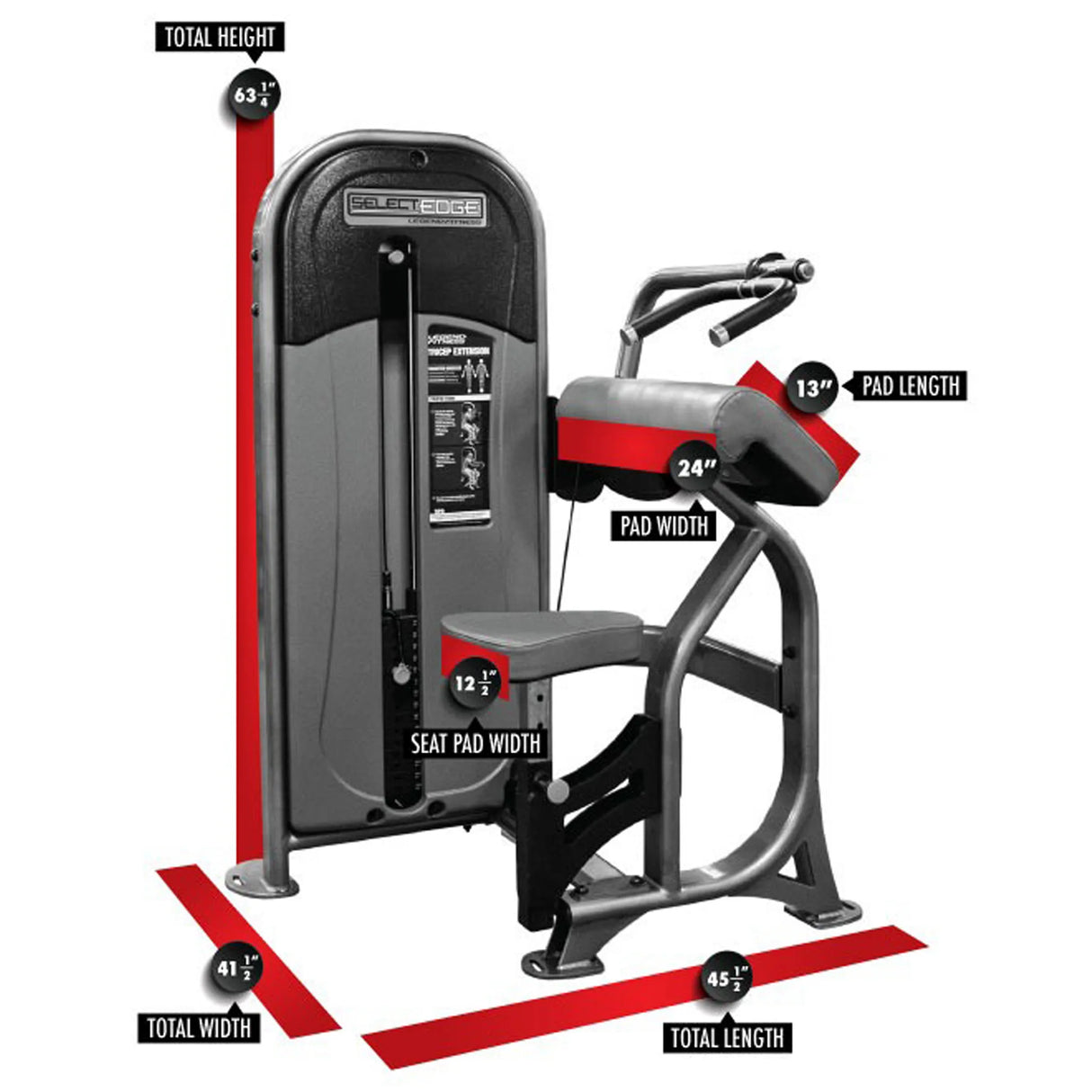 Gym machine with dimensions labeled on a white background