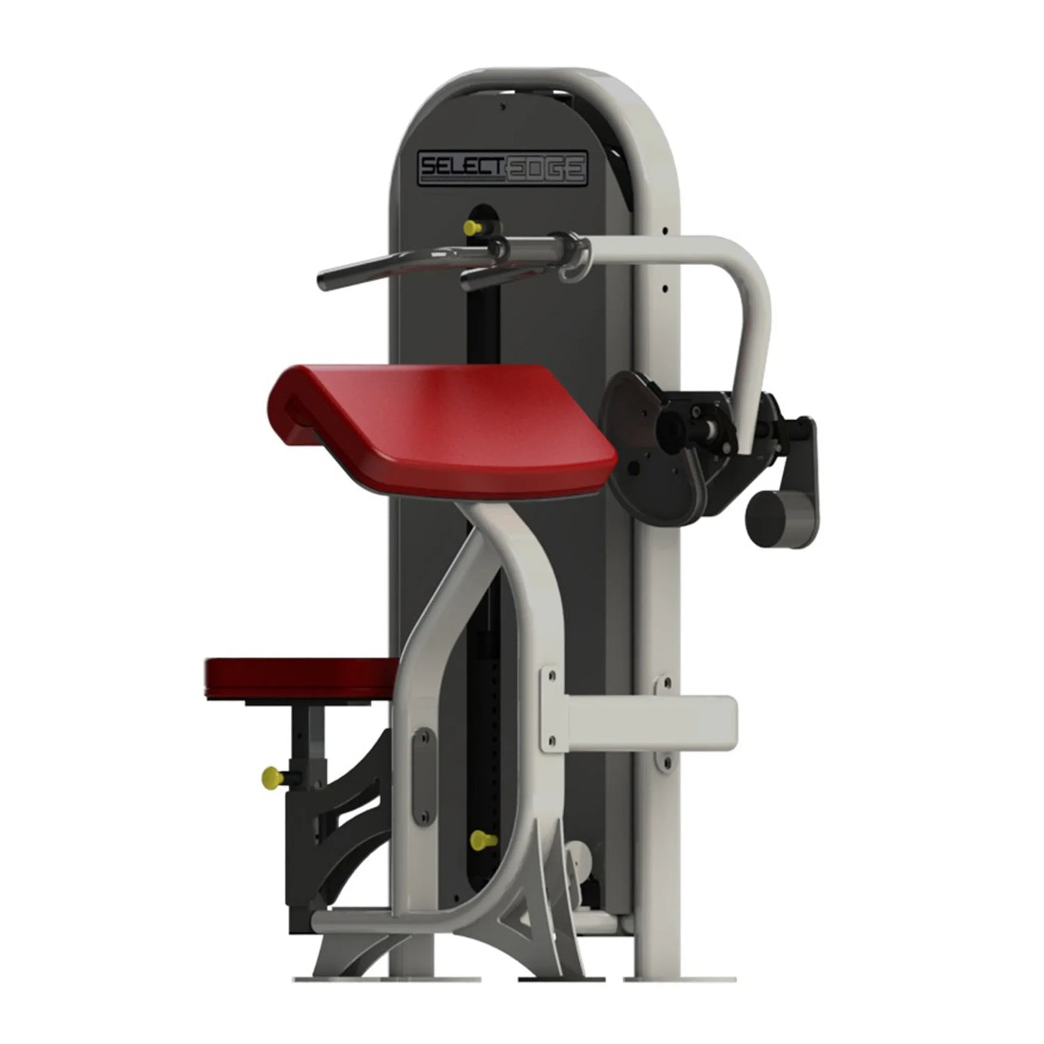 A fitness machine with a gray frame and red pads on a white background