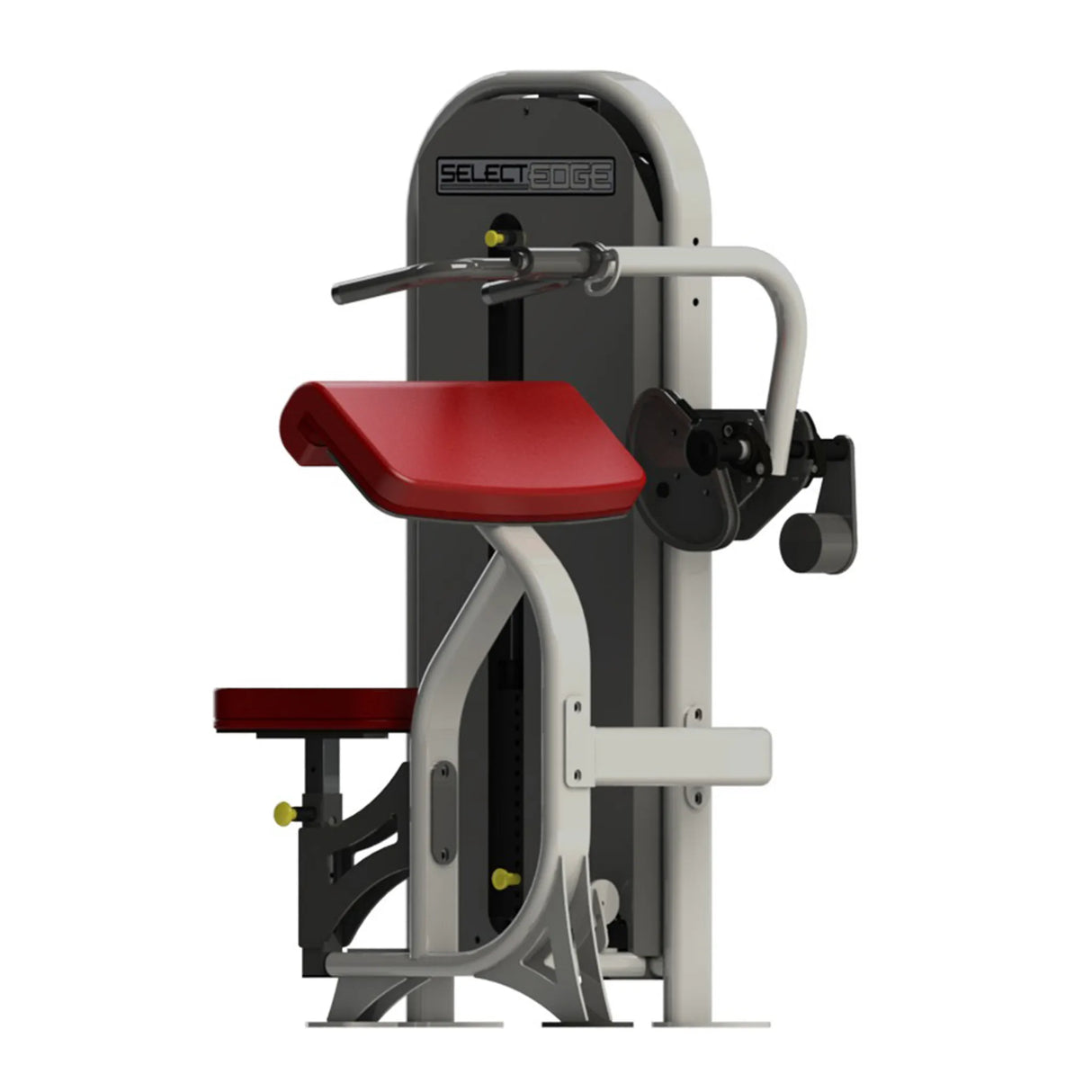 A fitness machine with a gray frame and red pads on a white background
