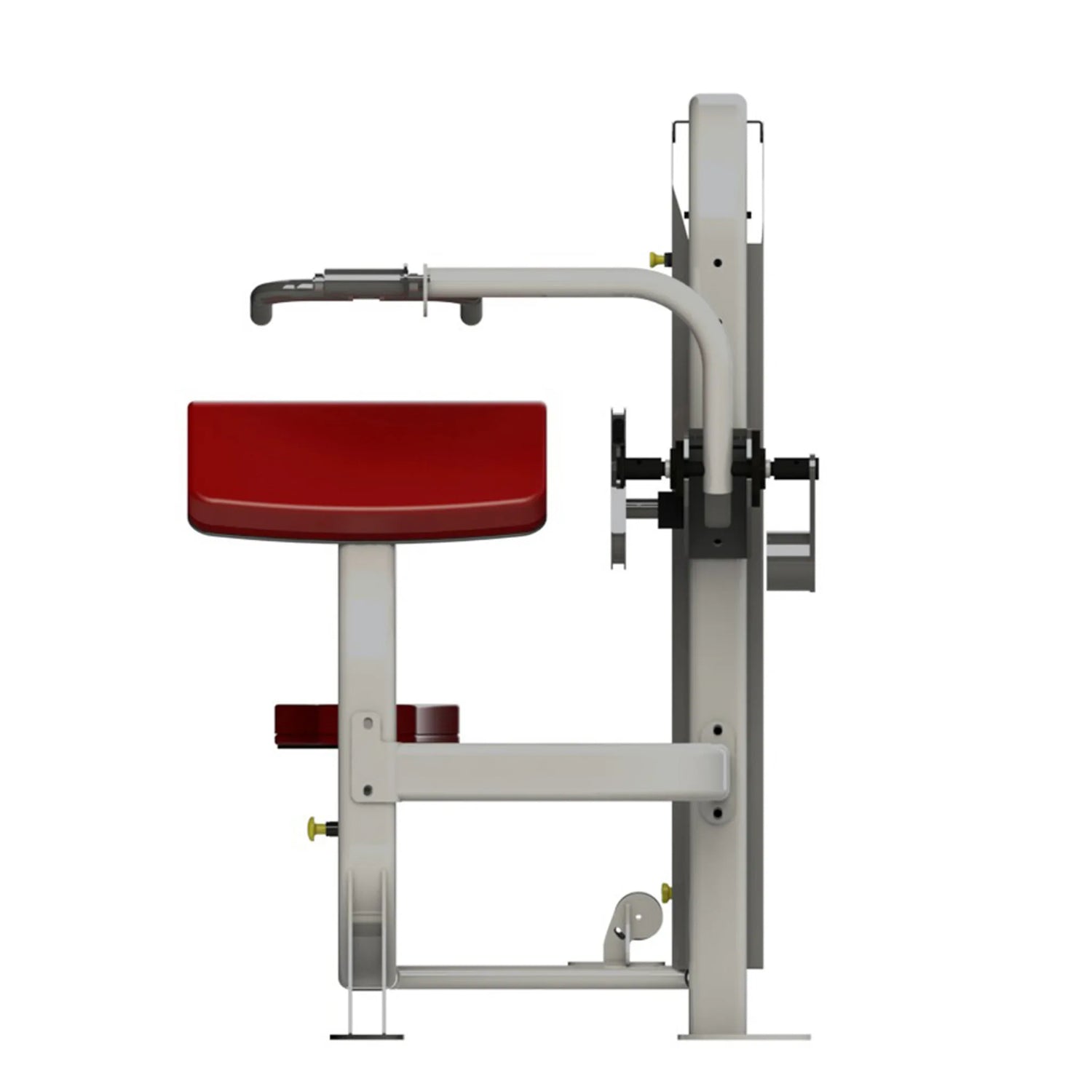 A fitness machine with a gray frame and red pads on a white background