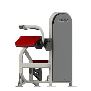 A fitness machine with a gray frame and red pads on a white background