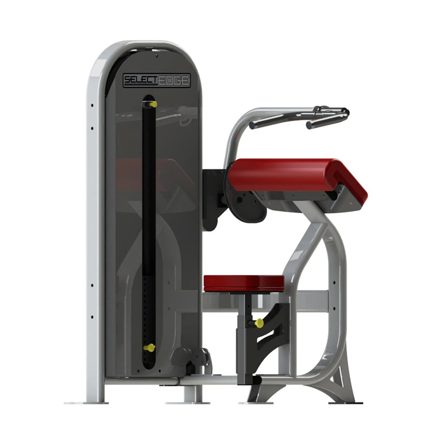 A fitness machine with a gray frame and red pads on a white background