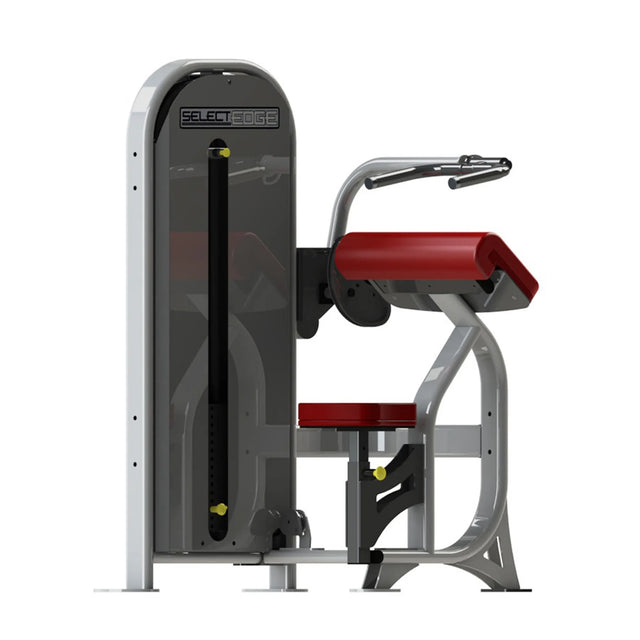 A fitness machine with a gray frame and red pads on a white background