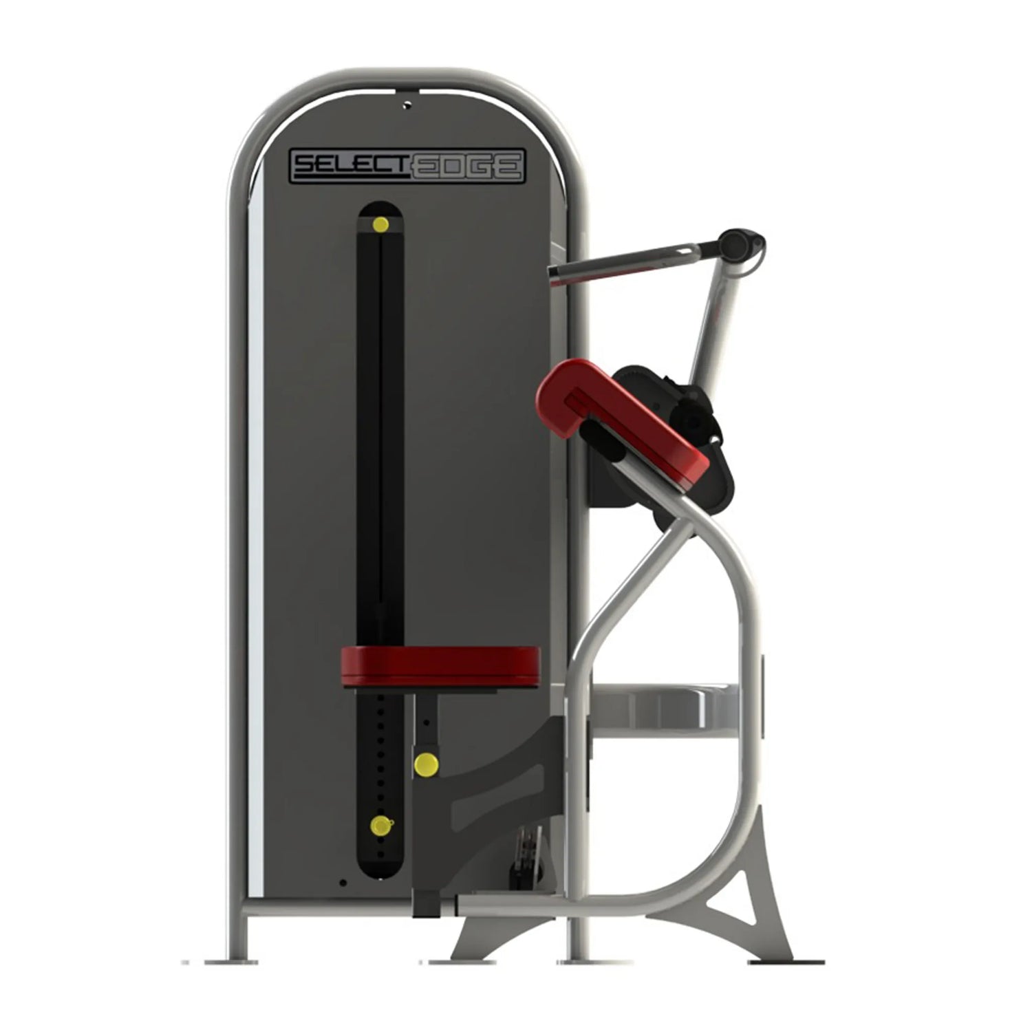 A fitness machine with a gray frame and red pads on a white background