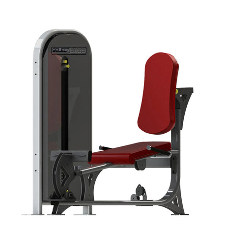 Gym fitness machine with red pads and a gray frame on a white background