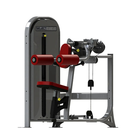 Gym fitness machine with red pads and a gray frame on a white background