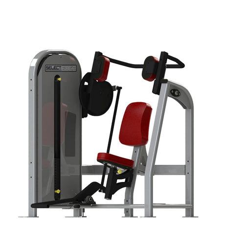 Gym machine with red pads and gray frame on a white background