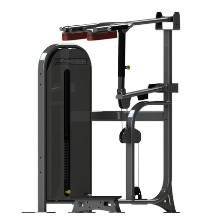 Gym machine with red pads and gray frame on a white background