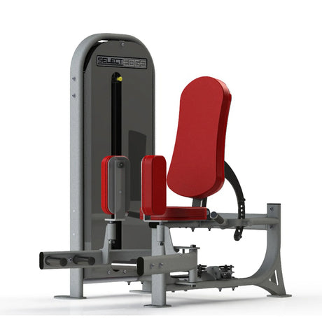 Gym machine with red seat and gray frame on a white background