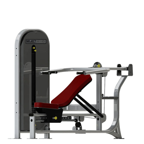 Gym machine with red seat and gray frame on a white background