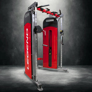 Red and black Legend fitness machine on a dark background