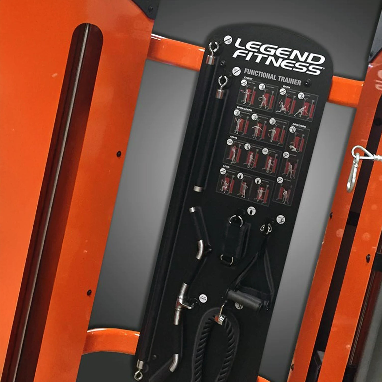 Orange Legend Fitness functional trainer with exercise illustrations on a gray background