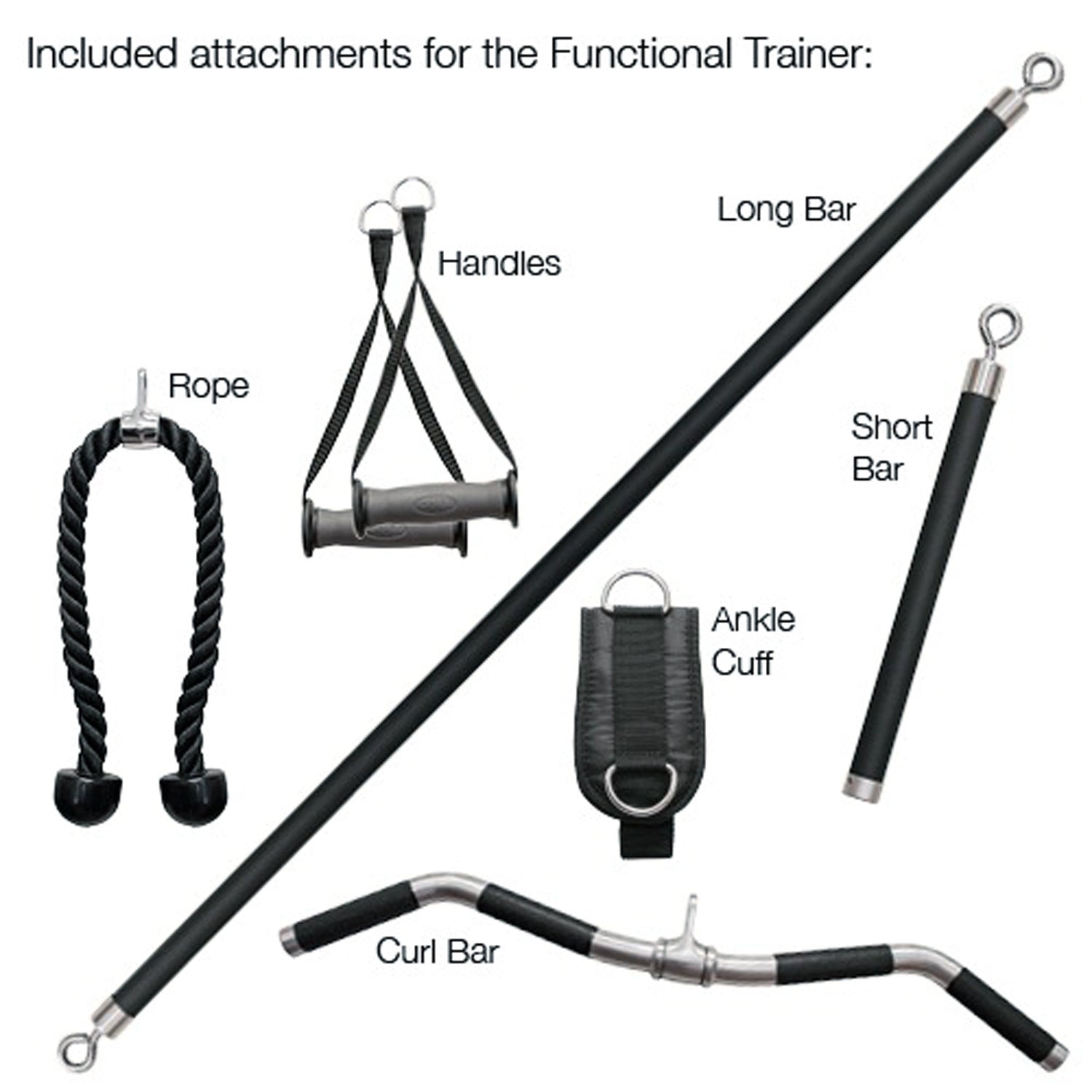 Included attachments for a functional trainer including handles, long bar, short bar, rope, ankle cuff, and curl bar on a white background.
